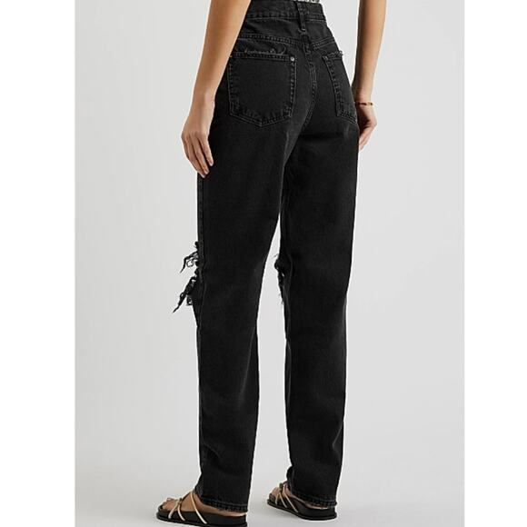 Free People Lasso Baggy Straight Jean 26 High Rise Distressed Black Denim - Picture 3 of 12